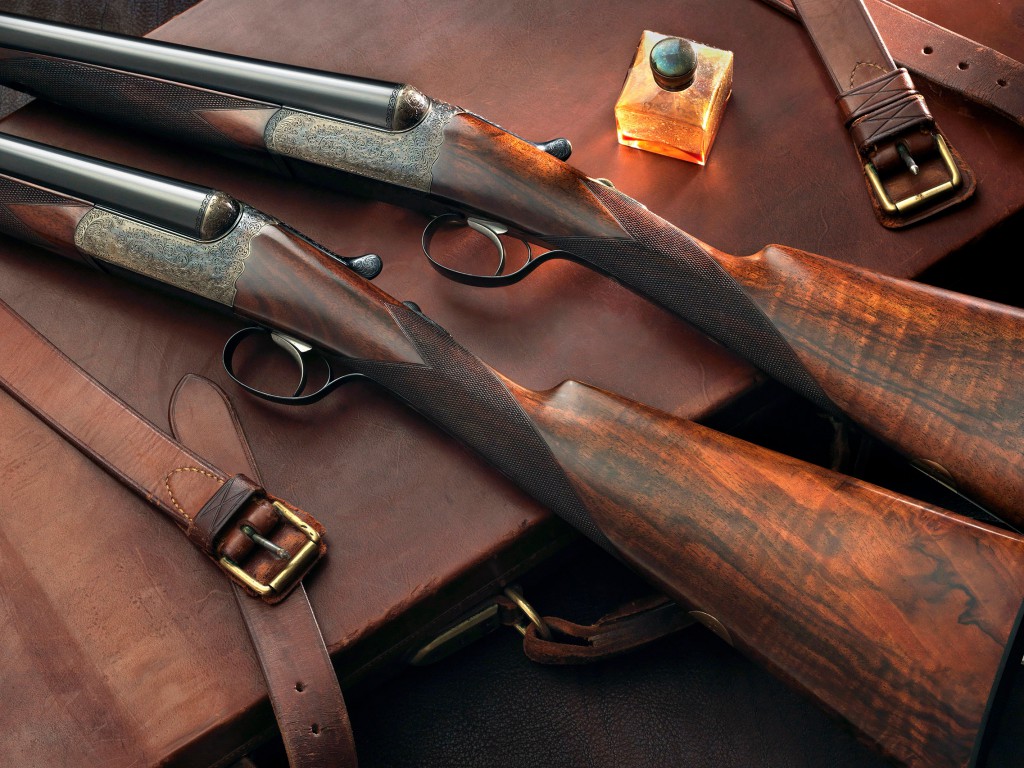 Et par helt nye Westley Richards droplocks med kuffert klar til levering. De koster mere end spidsen af jetjager